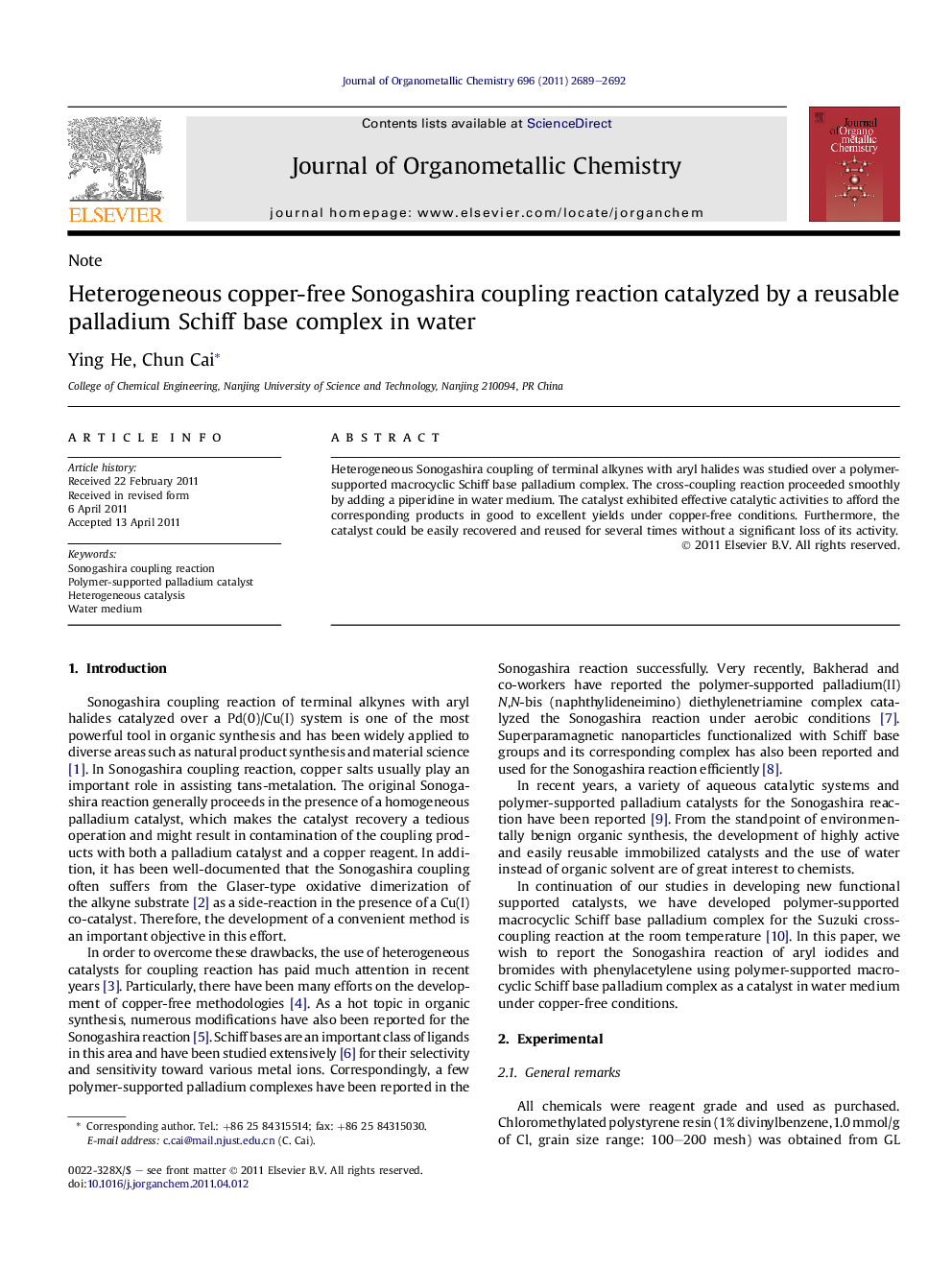 Heterogeneous copper-free Sonogashira coupling reaction catalyzed by a reusable palladium Schiff base complex in water