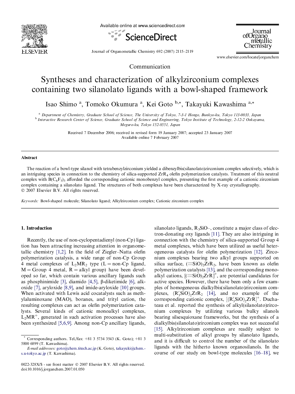Syntheses and characterization of alkylzirconium complexes containing two silanolato ligands with a bowl-shaped framework