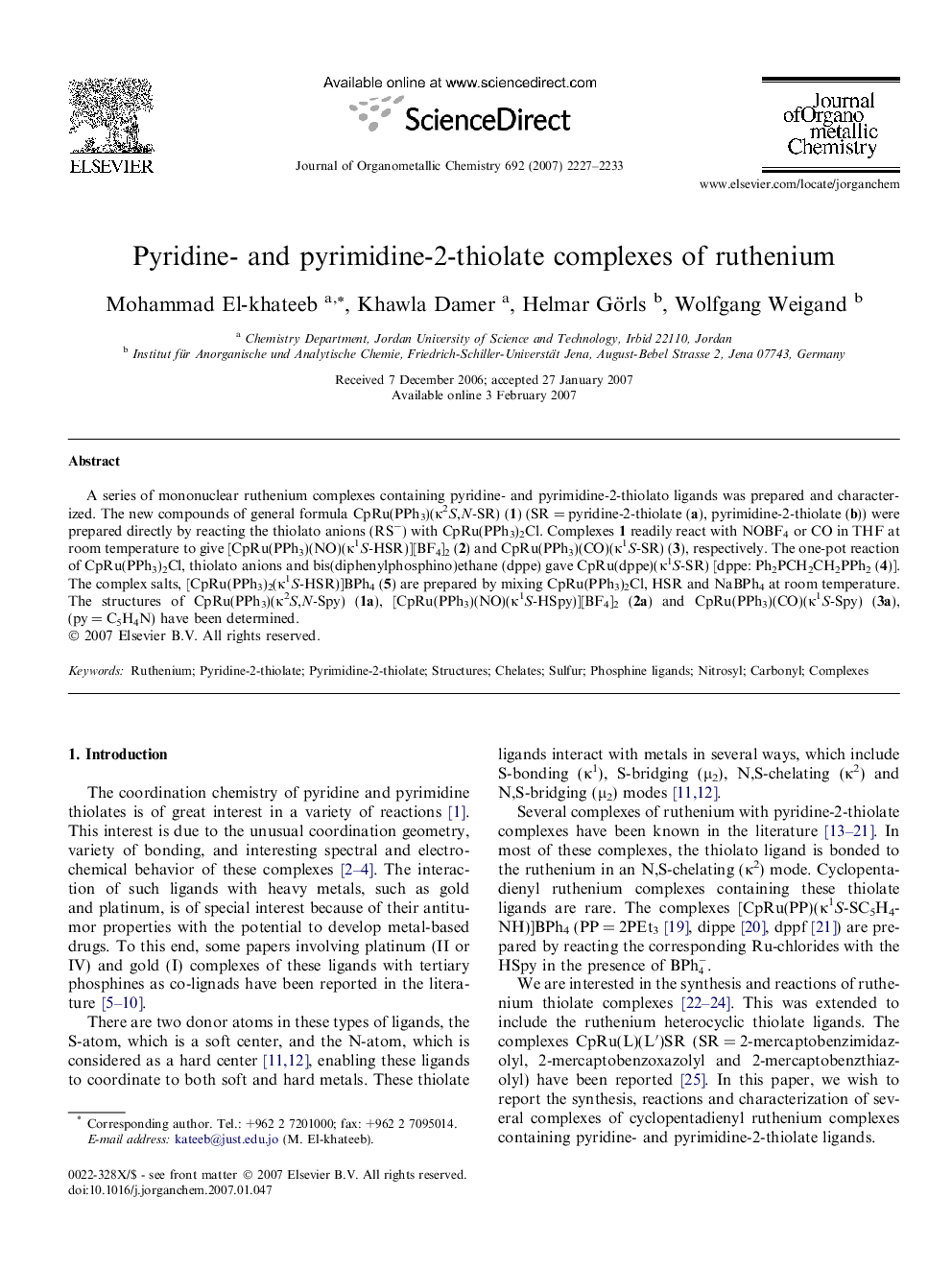 Pyridine- and pyrimidine-2-thiolate complexes of ruthenium