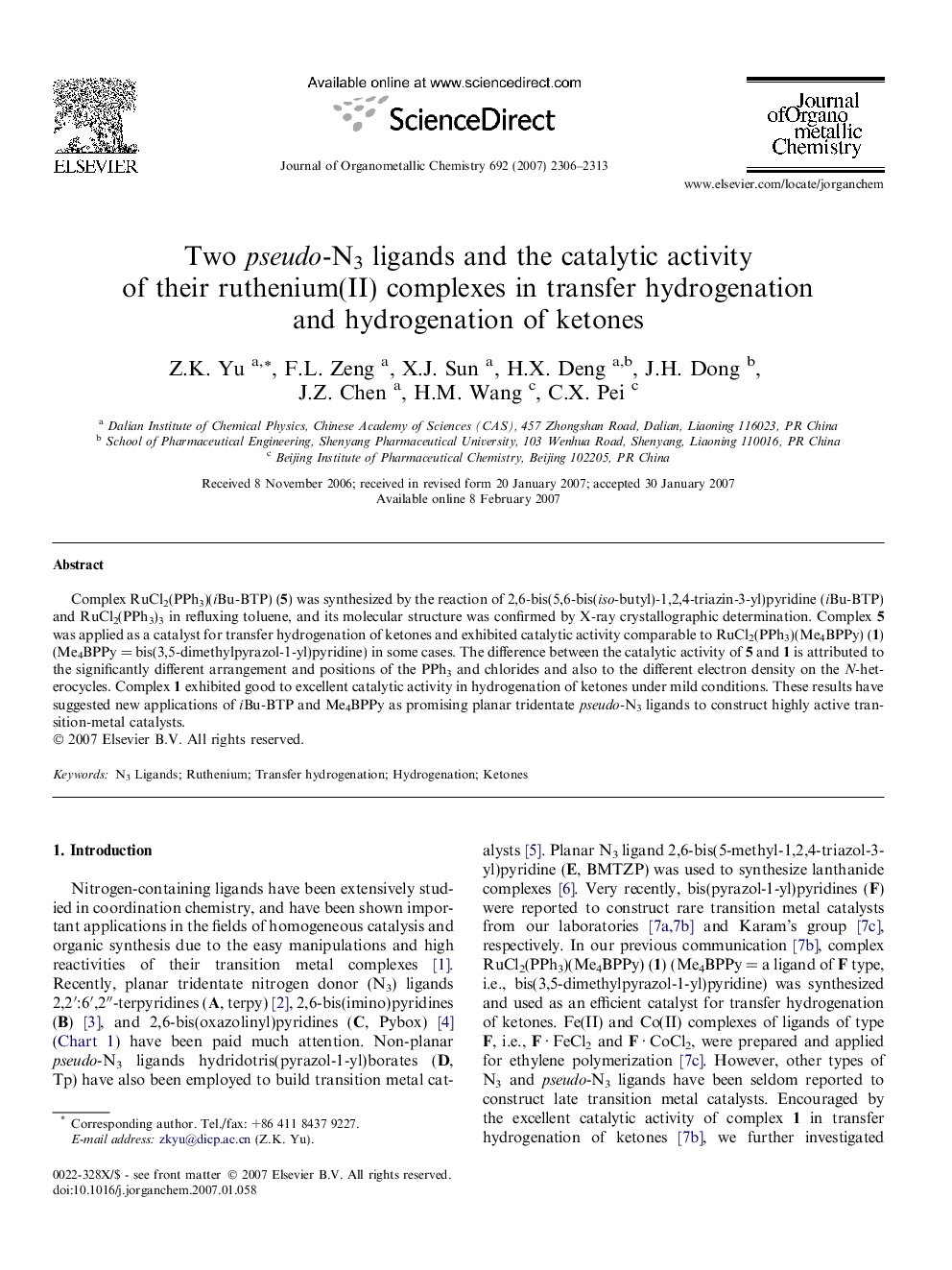 Two pseudo-N3 ligands and the catalytic activity of their ruthenium(II) complexes in transfer hydrogenation and hydrogenation of ketones