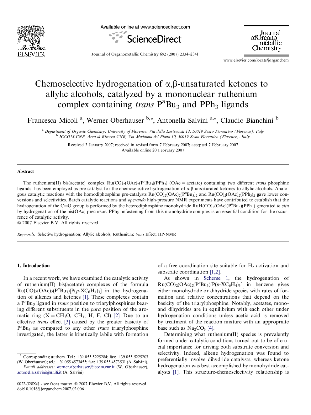 Chemoselective hydrogenation of Î±,Î²-unsaturated ketones to allylic alcohols, catalyzed by a mononuclear ruthenium complex containing trans PnBu3 and PPh3 ligands