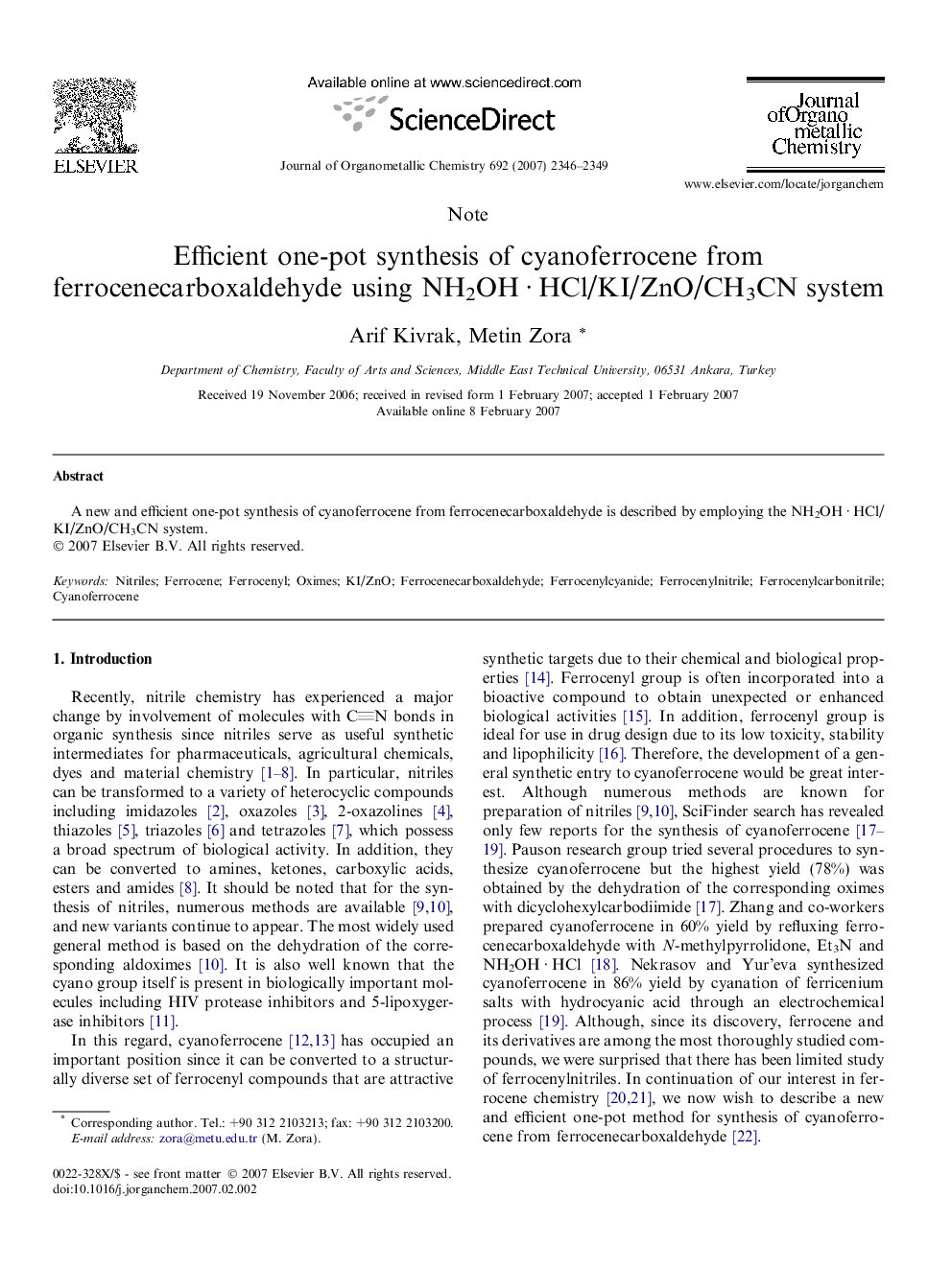 Efficient one-pot synthesis of cyanoferrocene from ferrocenecarboxaldehyde using NH2OH · HCl/KI/ZnO/CH3CN system