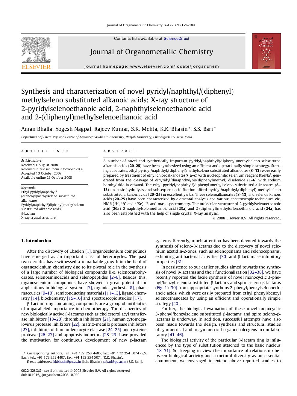 Synthesis and characterization of novel pyridyl/naphthyl/(diphenyl)methylseleno substituted alkanoic acids: X-ray structure of 2-pyridylselenoethanoic acid, 2-naphthylselenoethanoic acid and 2-(diphenyl)methylselenoethanoic acid