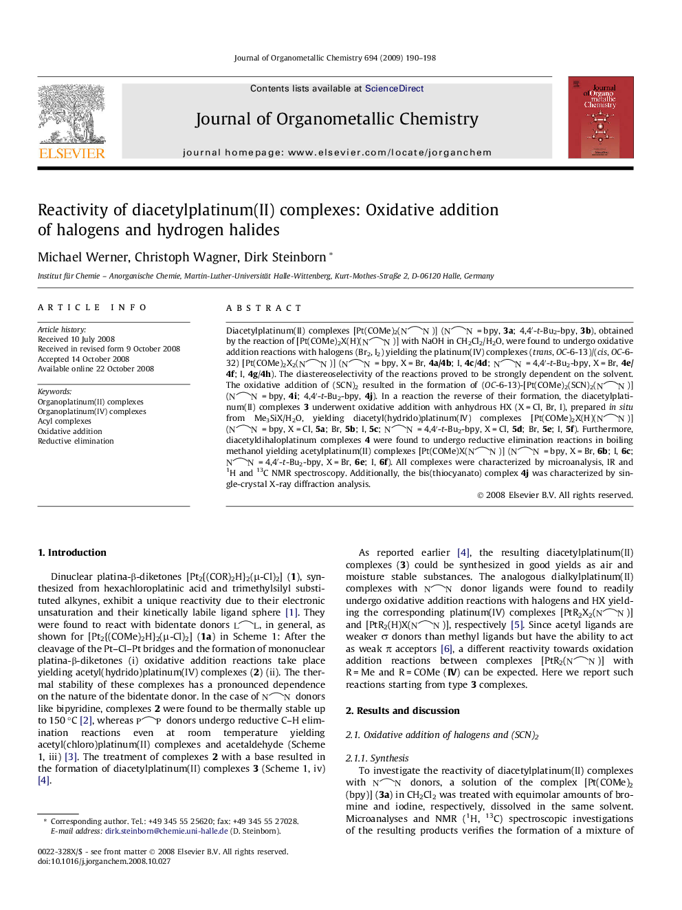 Reactivity of diacetylplatinum(II) complexes: Oxidative addition of halogens and hydrogen halides