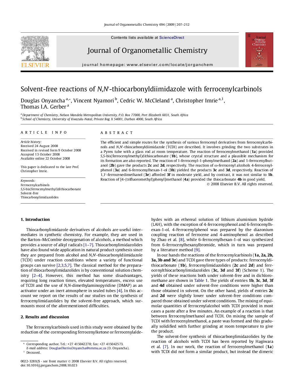 Solvent-free reactions of N,N′-thiocarbonyldiimidazole with ferrocenylcarbinols