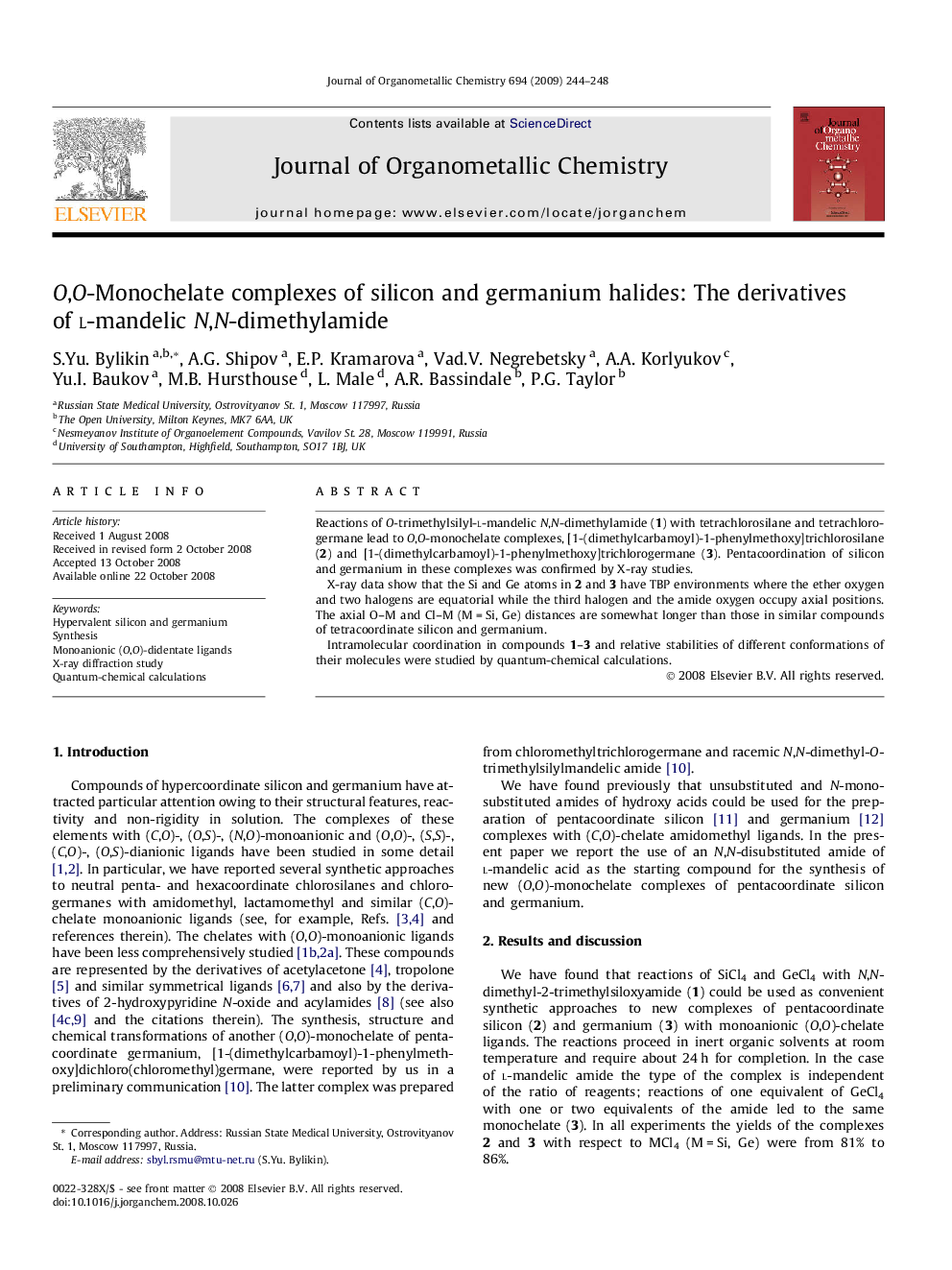 O,O-Monochelate complexes of silicon and germanium halides: The derivatives of l-mandelic N,N-dimethylamide