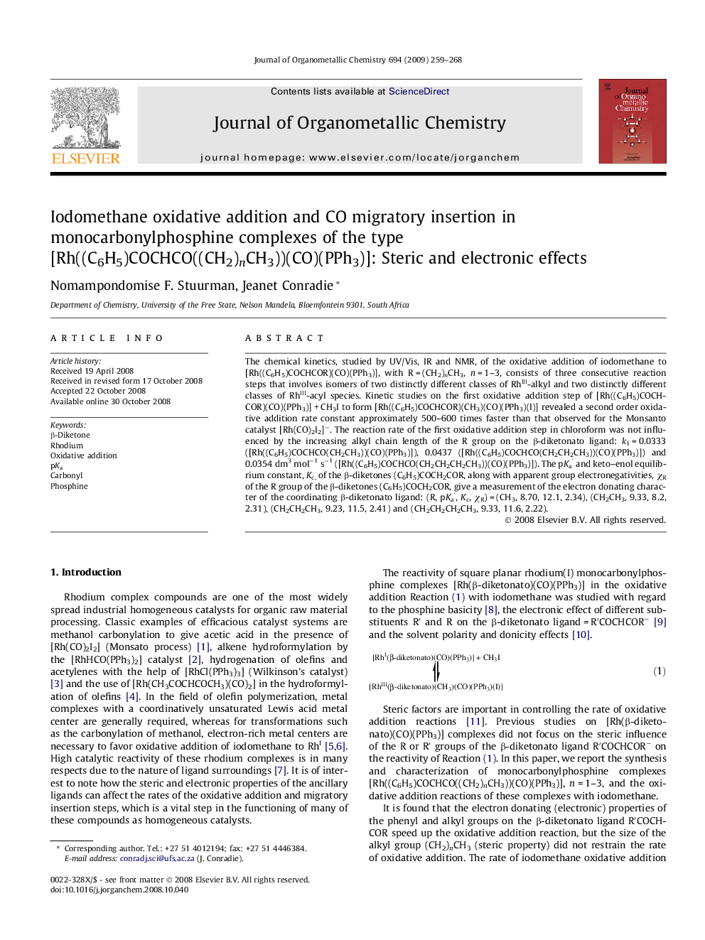 Iodomethane oxidative addition and CO migratory insertion in monocarbonylphosphine complexes of the type [Rh((C6H5)COCHCO((CH2)nCH3))(CO)(PPh3)]: Steric and electronic effects