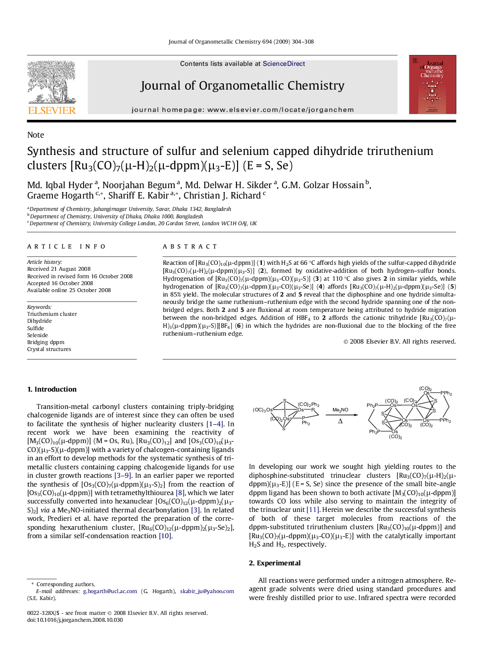 Synthesis and structure of sulfur and selenium capped dihydride triruthenium clusters [Ru3(CO)7(Î¼-H)2(Î¼-dppm)(Î¼3-E)] (EÂ =Â S, Se)