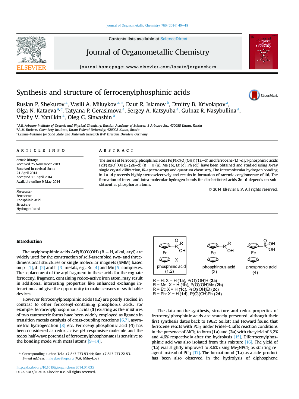 Synthesis and structure of ferrocenylphosphinic acids