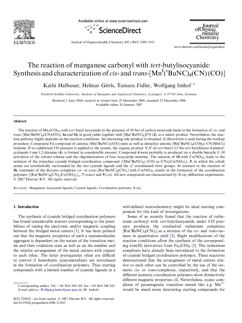 The reaction of manganese carbonyl with tert-butylisocyanide: Synthesis and characterization of cis- and trans-[MnI(tBuNC)4(CN)(CO)]