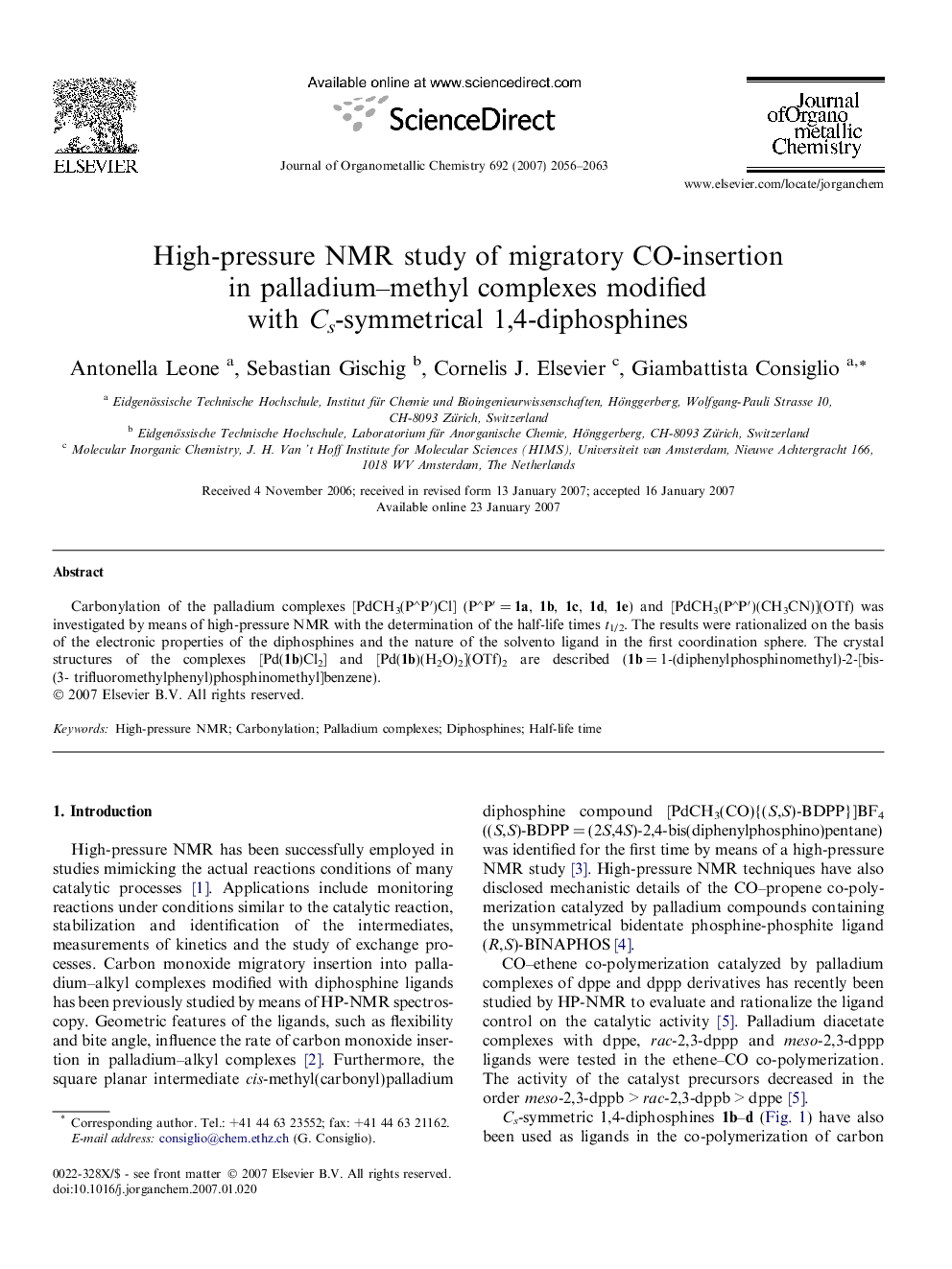 High-pressure NMR study of migratory CO-insertion in palladium–methyl complexes modified with Cs-symmetrical 1,4-diphosphines