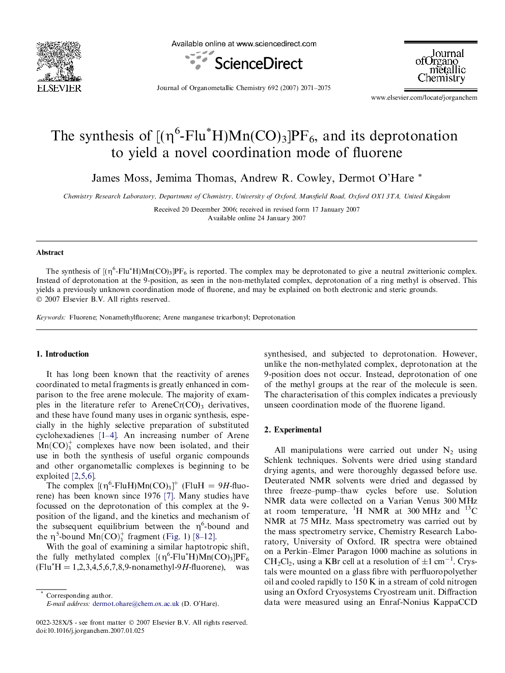 The synthesis of [(η6-Flu∗H)Mn(CO)3]PF6, and its deprotonation to yield a novel coordination mode of fluorene
