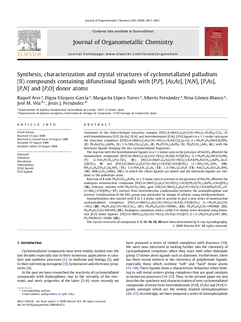 Synthesis, characterization and crystal structures of cyclometallated palladium (II) compounds containing difunctional ligands with [P,P], [As,As], [N,N], [P,As], [P,N] and [P,O] donor atoms