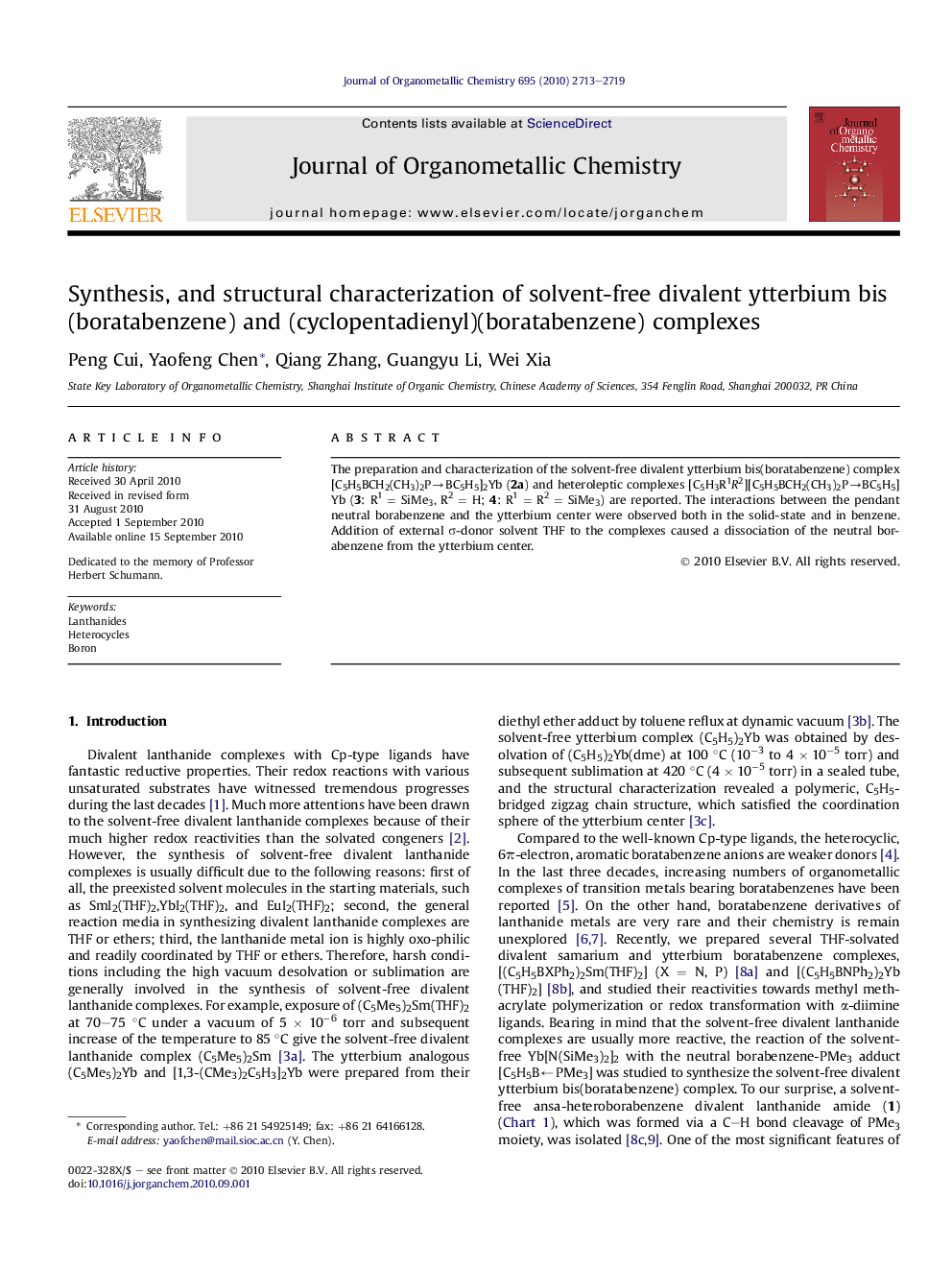 Synthesis, and structural characterization of solvent-free divalent ytterbium bis(boratabenzene) and (cyclopentadienyl)(boratabenzene) complexes