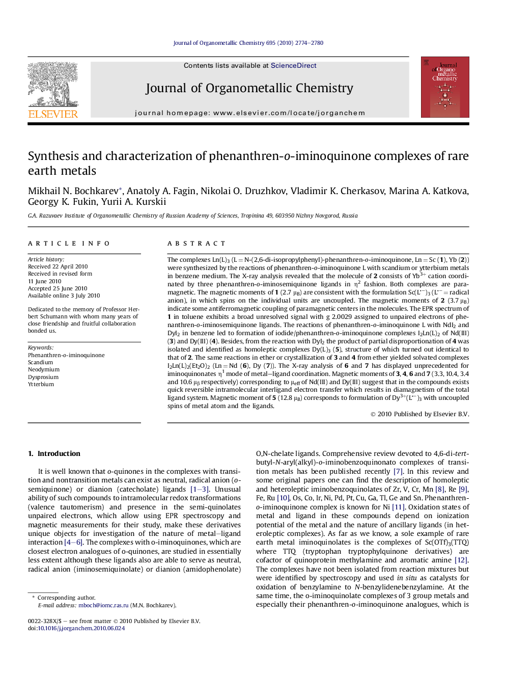 Synthesis and characterization of phenanthren-o-iminoquinone complexes of rare earth metals