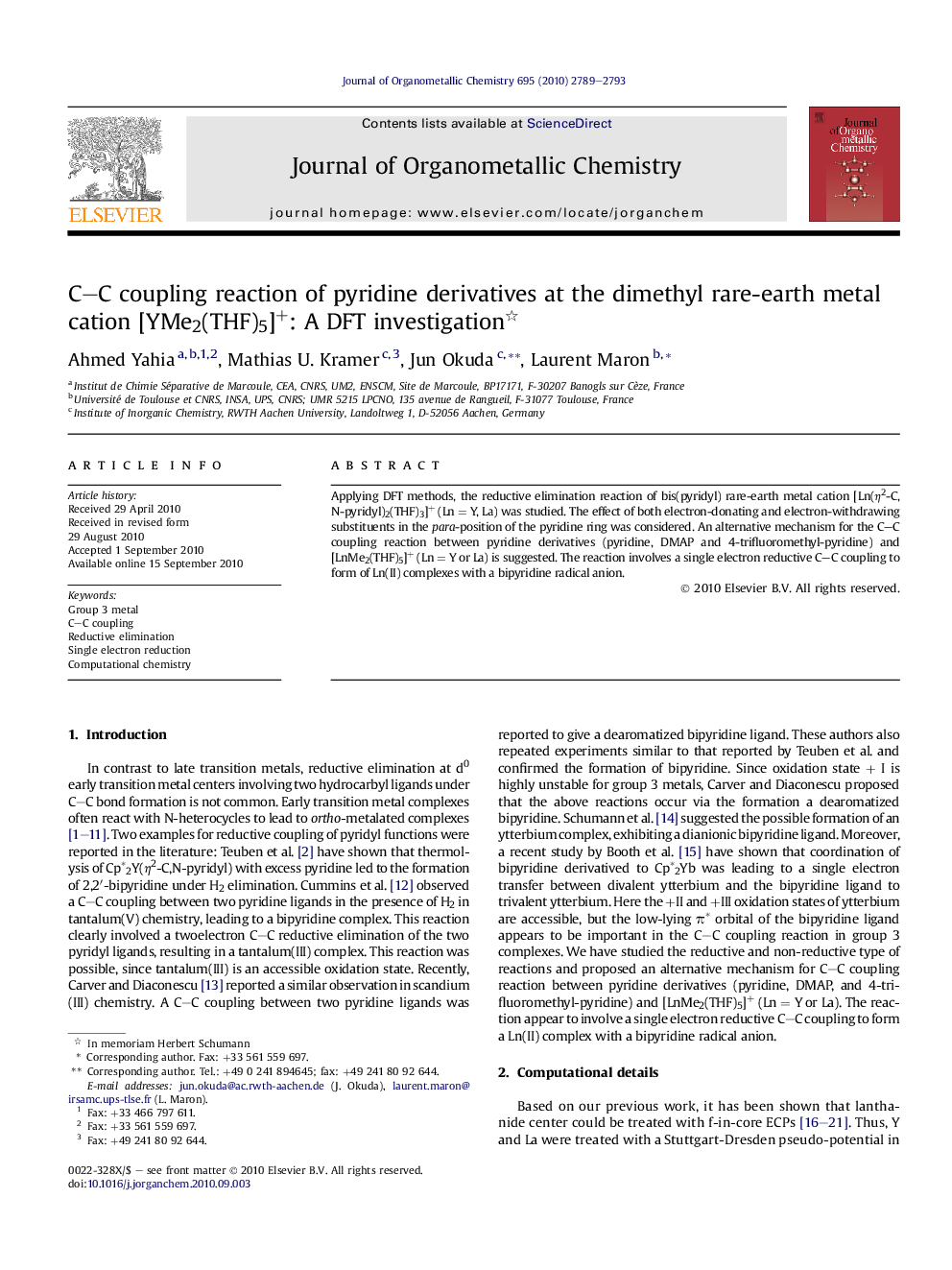 C–C coupling reaction of pyridine derivatives at the dimethyl rare-earth metal cation [YMe2(THF)5]+: A DFT investigation 