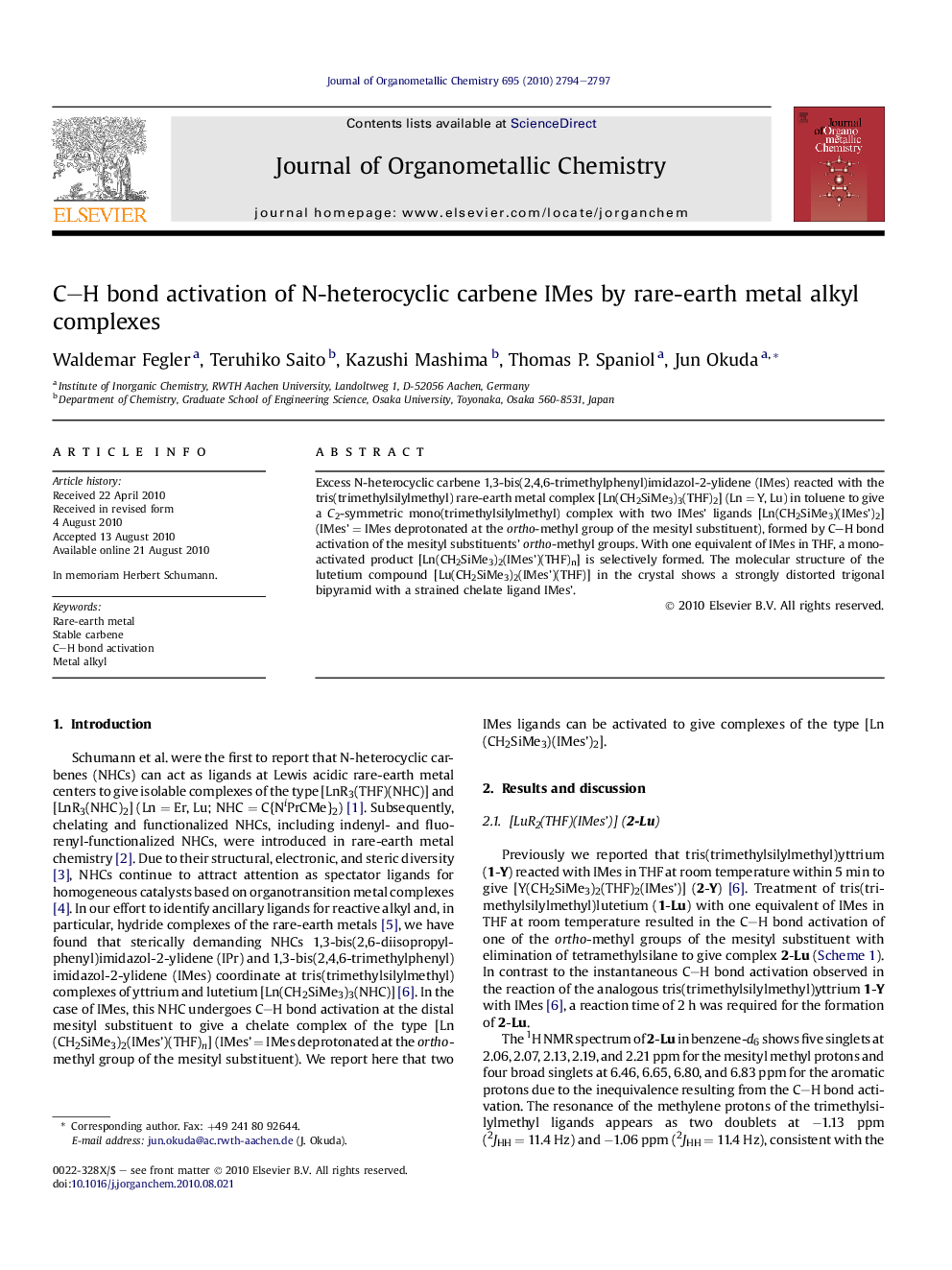 C–H bond activation of N-heterocyclic carbene IMes by rare-earth metal alkyl complexes