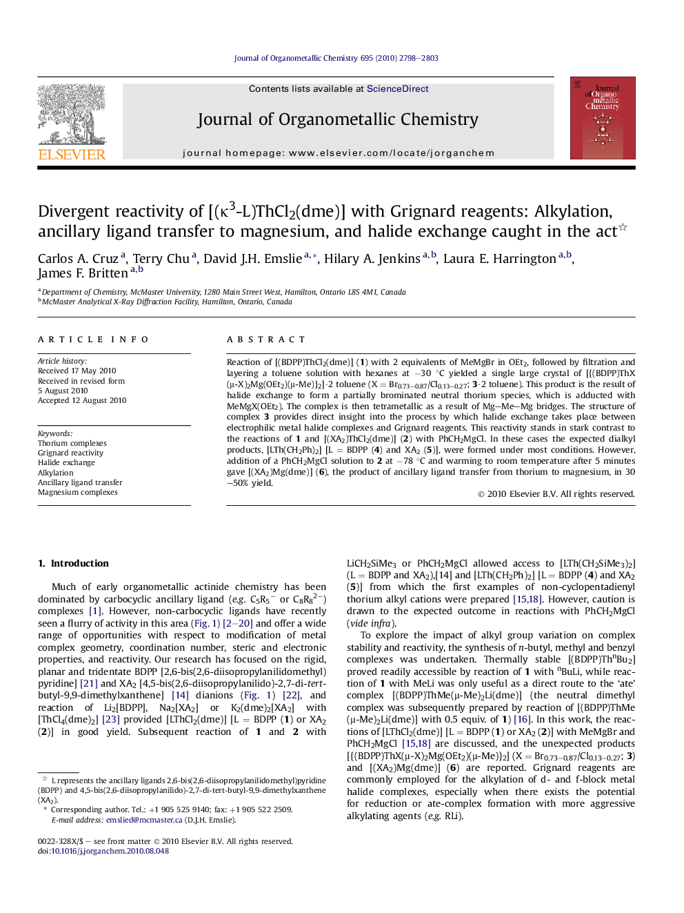 Divergent reactivity of [(κ3-L)ThCl2(dme)] with Grignard reagents: Alkylation, ancillary ligand transfer to magnesium, and halide exchange caught in the act 