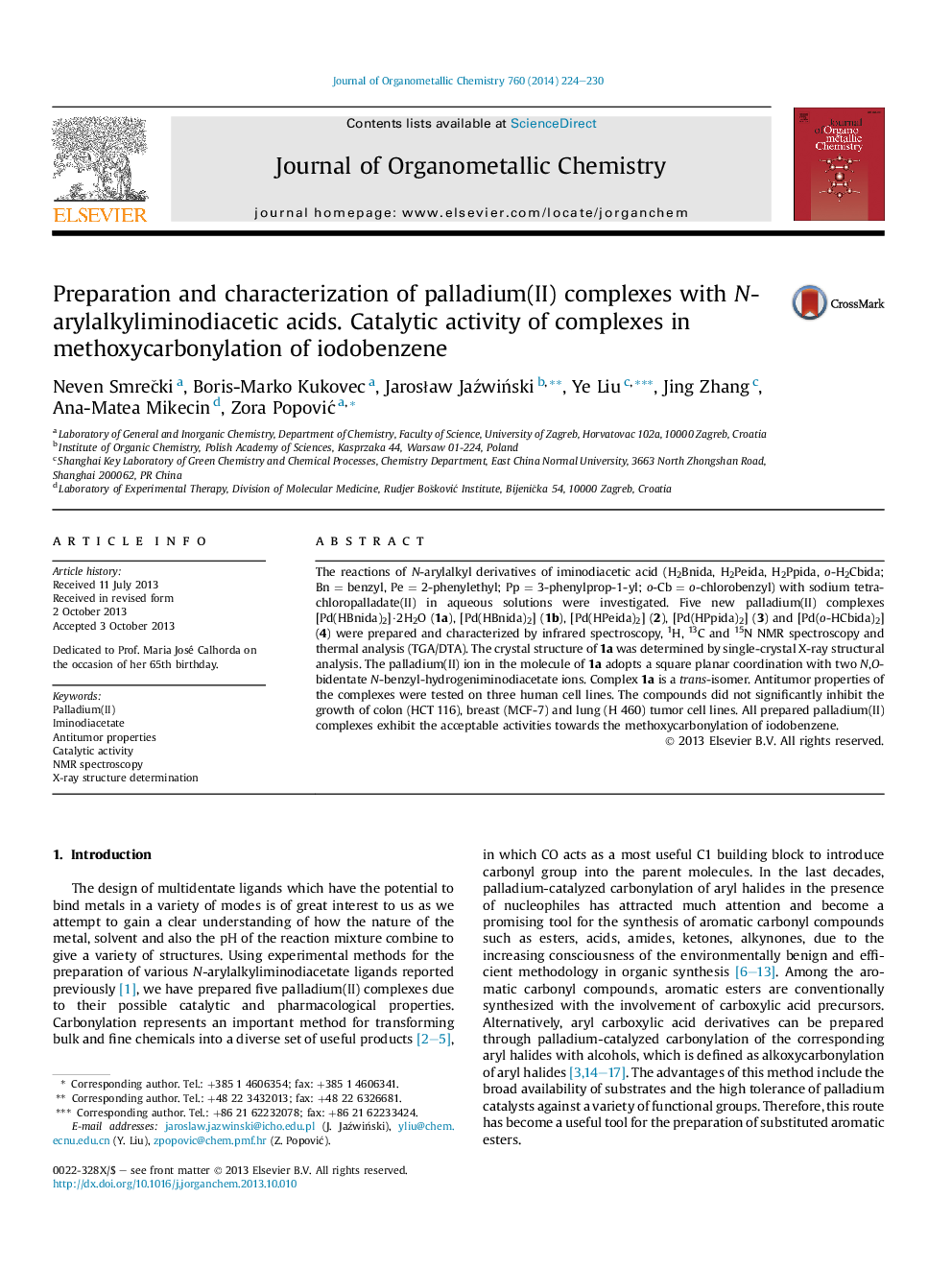 Preparation and characterization of palladium(II) complexes with N-arylalkyliminodiacetic acids. Catalytic activity of complexes in methoxycarbonylation of iodobenzene