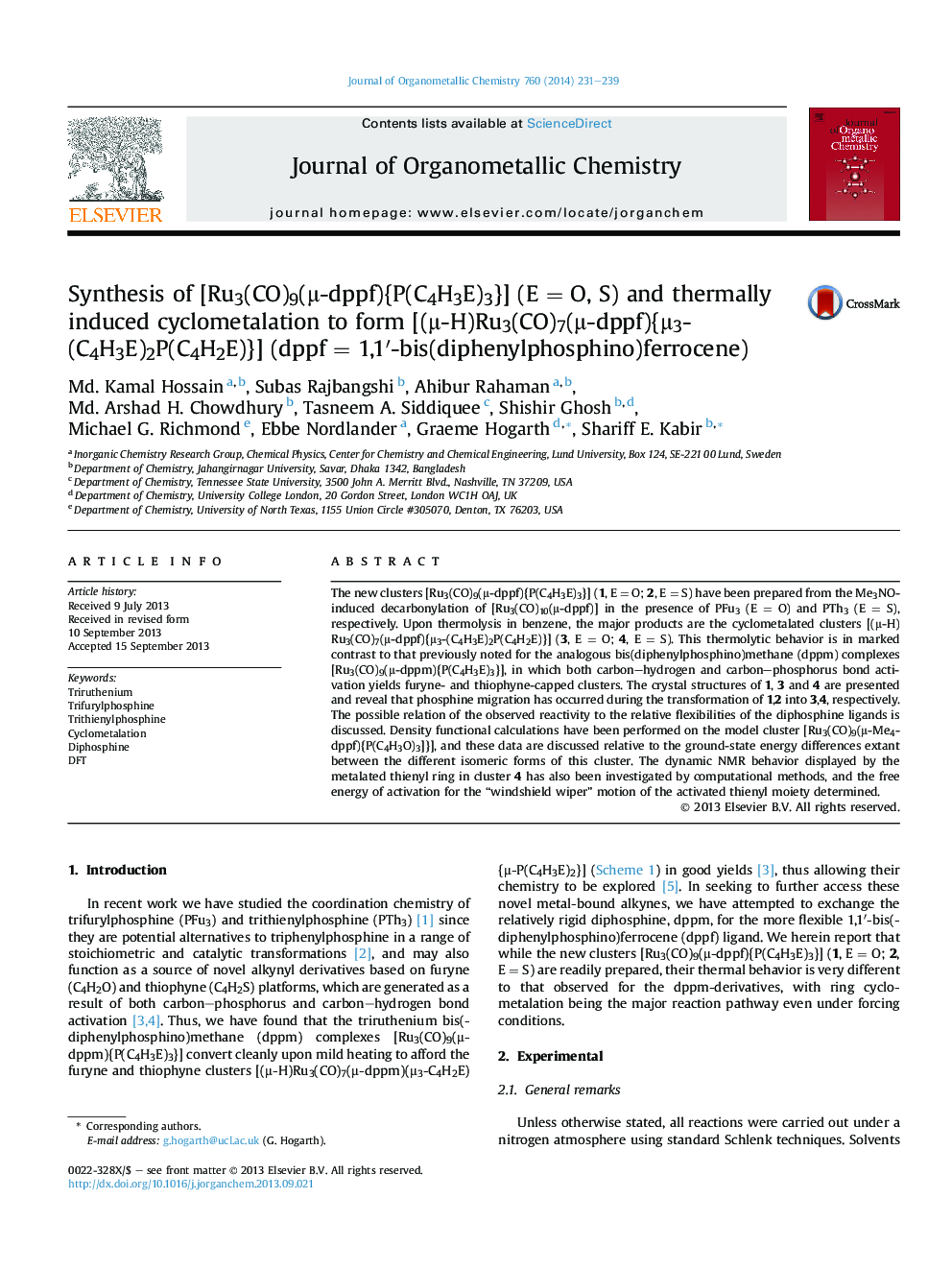 Synthesis of [Ru3(CO)9(μ-dppf){P(C4H3E)3}] (E = O, S) and thermally induced cyclometalation to form [(μ-H)Ru3(CO)7(μ-dppf){μ3-(C4H3E)2P(C4H2E)}] (dppf = 1,1′-bis(diphenylphosphino)ferrocene)