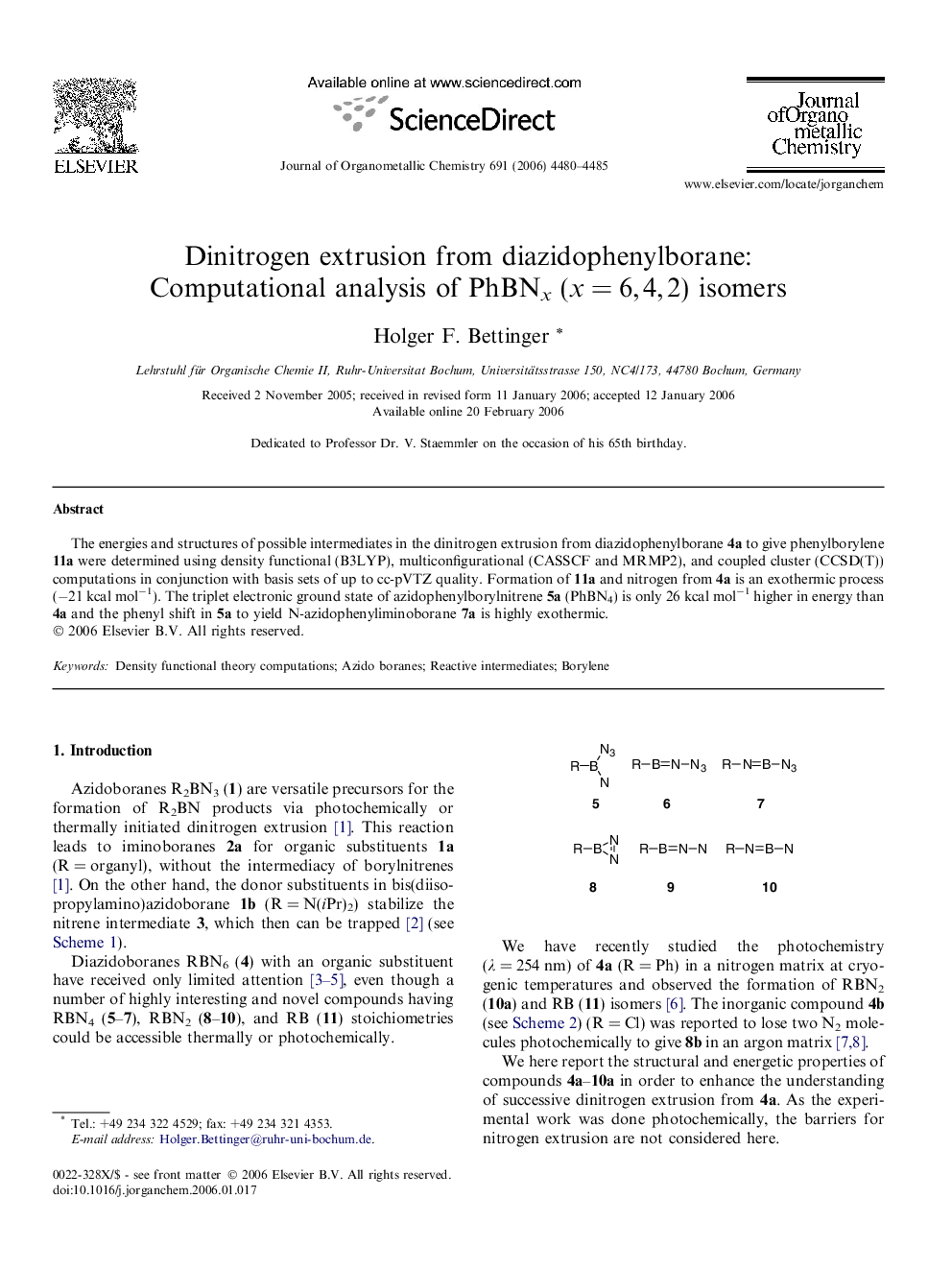 عکس صفحه اول مقاله: Dinitrogen extrusion from diazidophenylborane: Computational analysis of PhBNx (x = 6, 4, 2) isomers Dinitrogen extrusion from diazidophenylborane: Computational analysis of PhBNx (x = 6, 4, 2) isomers