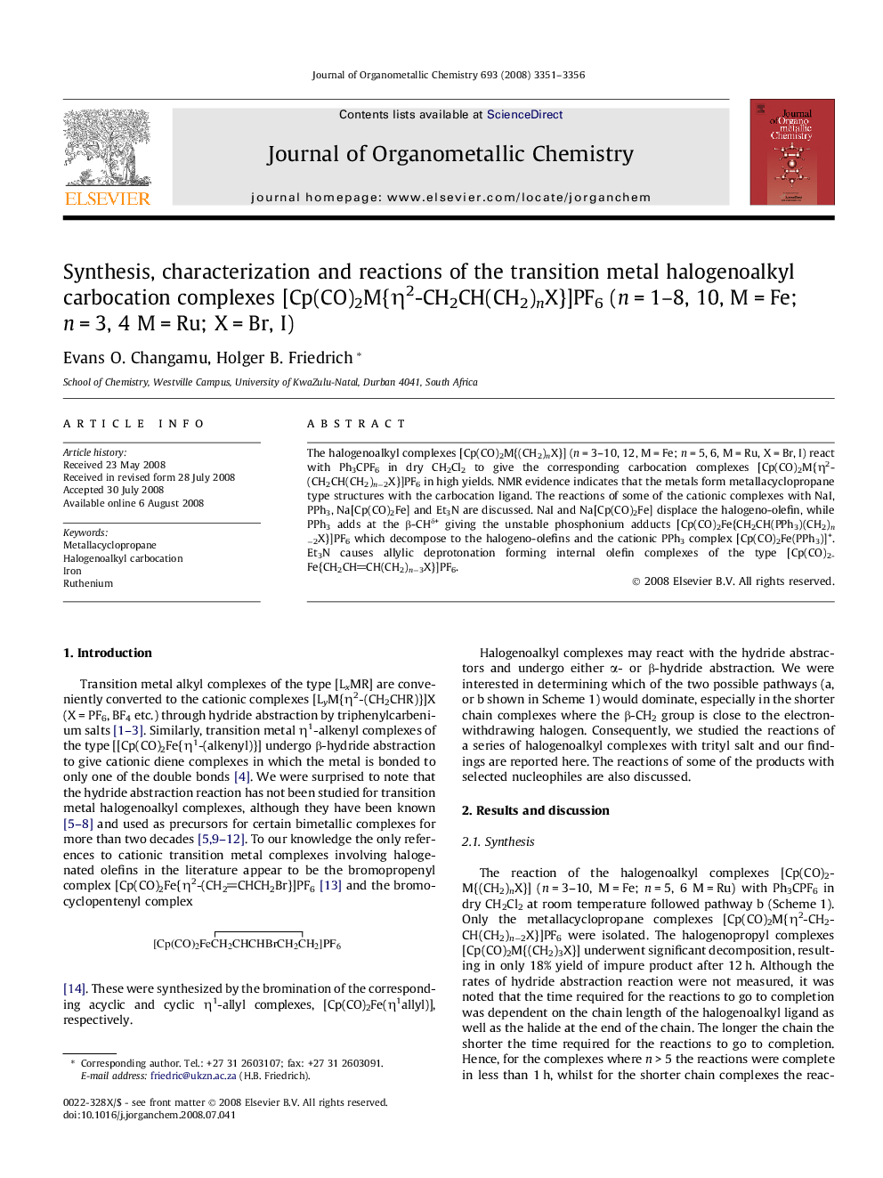 Synthesis, characterization and reactions of the transition metal halogenoalkyl carbocation complexes [Cp(CO)2M{η2-CH2CH(CH2)nX}]PF6 (n = 1–8, 10, M = Fe; n = 3, 4 M = Ru; X = Br, I)