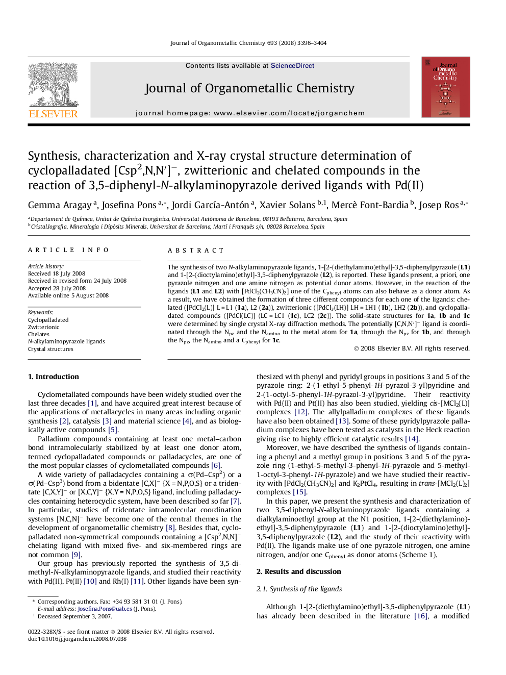 Synthesis, characterization and X-ray crystal structure determination of cyclopalladated [Csp2,N,Nâ²]â, zwitterionic and chelated compounds in the reaction of 3,5-diphenyl-N-alkylaminopyrazole derived ligands with Pd(II)