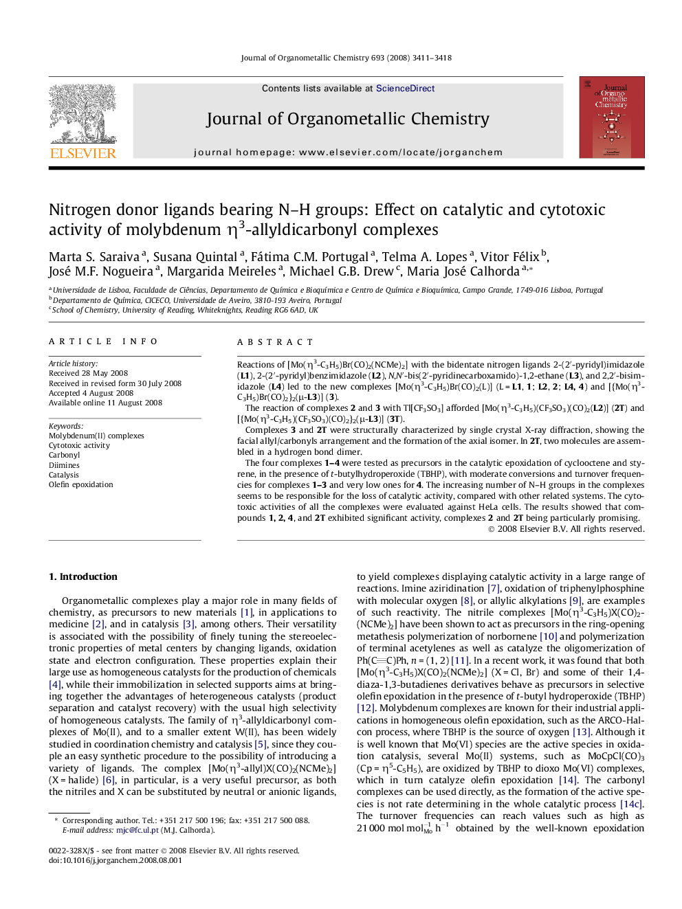 Nitrogen donor ligands bearing N–H groups: Effect on catalytic and cytotoxic activity of molybdenum η3-allyldicarbonyl complexes