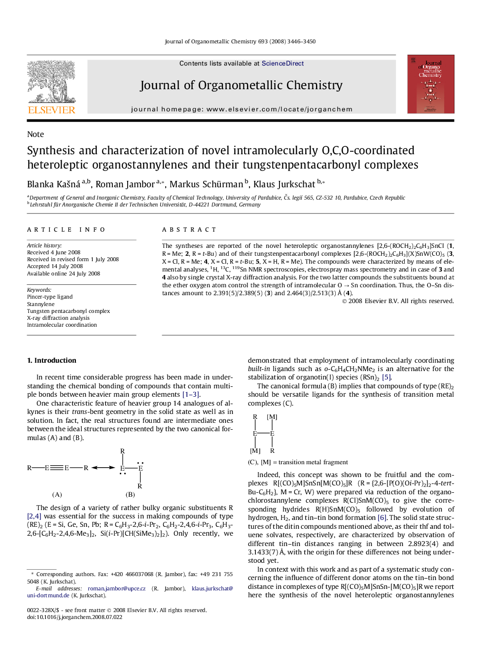 Synthesis and characterization of novel intramolecularly O,C,O-coordinated heteroleptic organostannylenes and their tungstenpentacarbonyl complexes