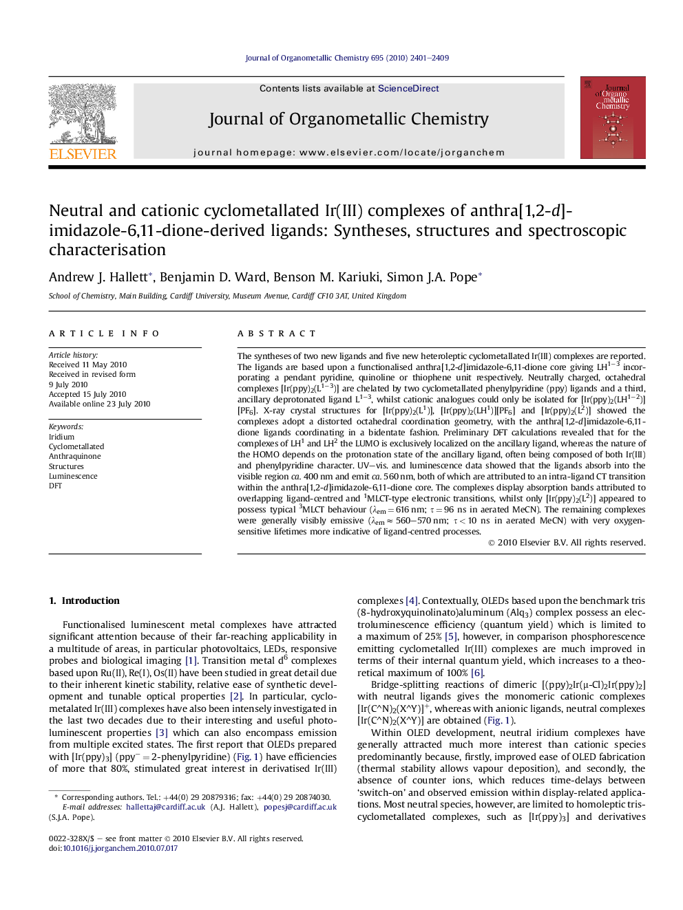 Neutral and cationic cyclometallated Ir(III) complexes of anthra[1,2-d]imidazole-6,11-dione-derived ligands: Syntheses, structures and spectroscopic characterisation