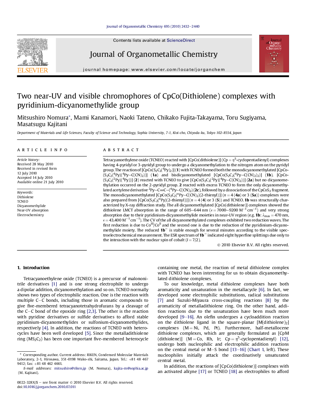 Two near-UV and visible chromophores of CpCo(Dithiolene) complexes with pyridinium-dicyanomethylide group