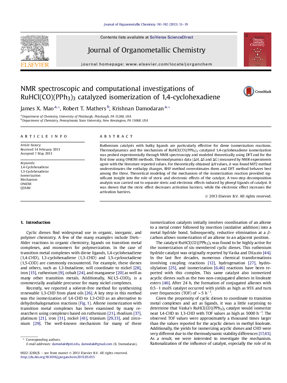 NMR spectroscopic and computational investigations of RuHCl(CO)(PPh3)3 catalyzed isomerization of 1,4-cyclohexadiene