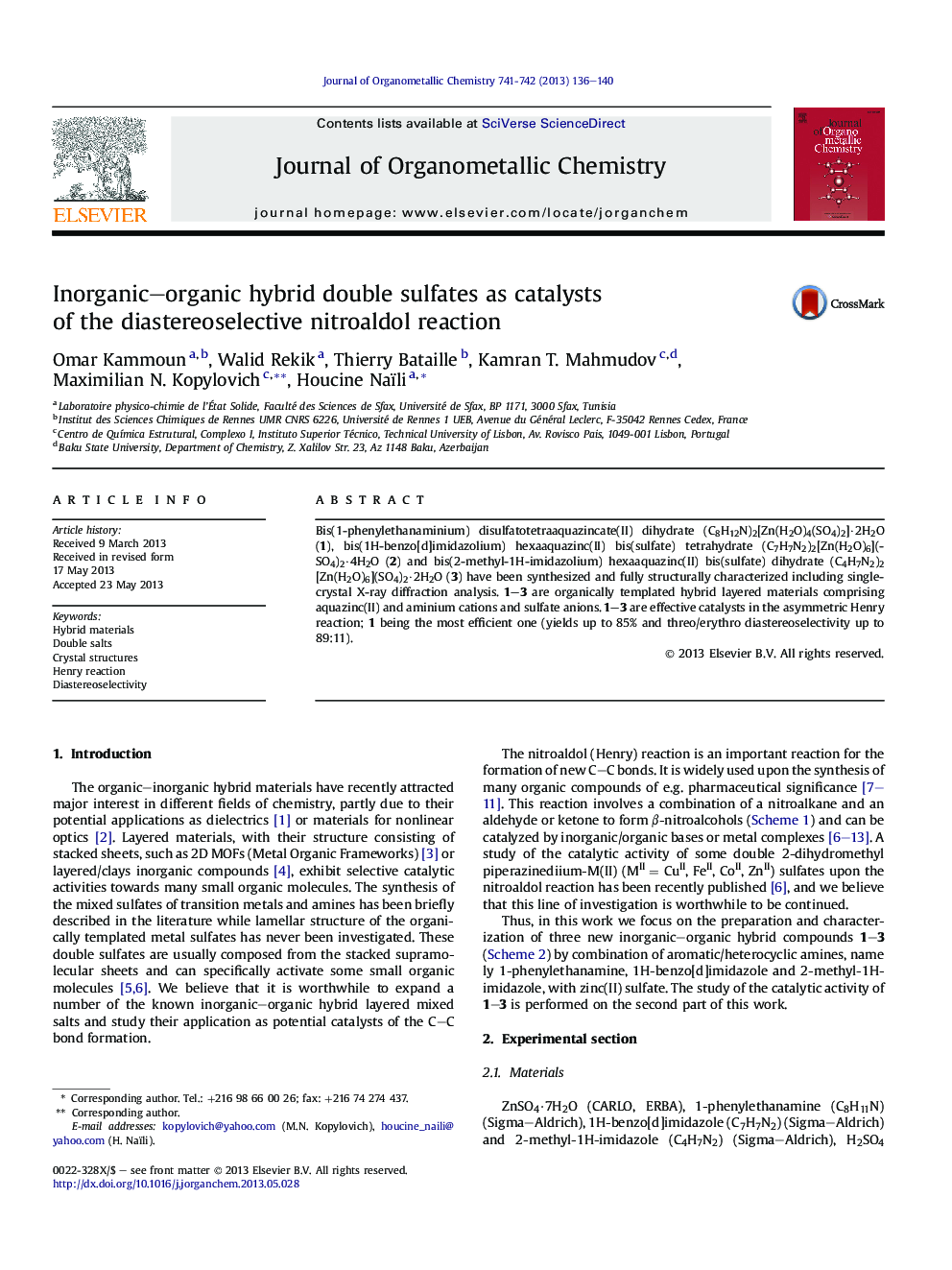 Inorganic–organic hybrid double sulfates as catalysts of the diastereoselective nitroaldol reaction