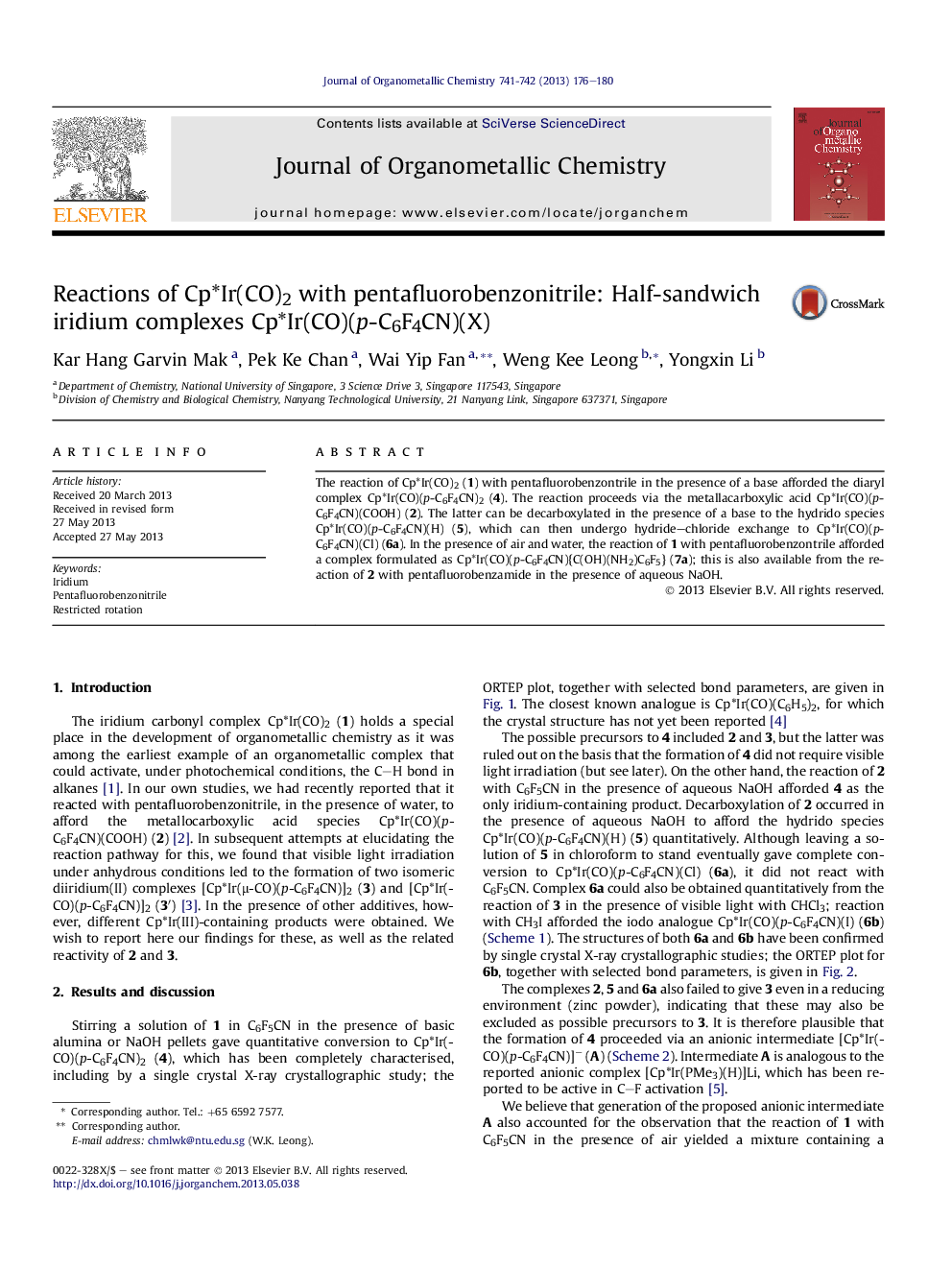 Reactions of Cp*Ir(CO)2 with pentafluorobenzonitrile: Half-sandwich iridium complexes Cp*Ir(CO)(p-C6F4CN)(X)