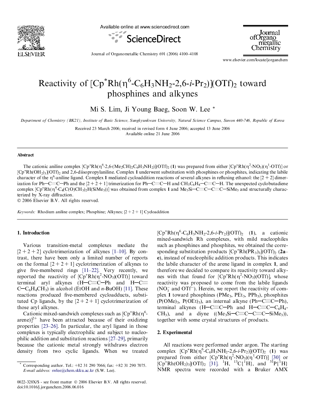 Reactivity of [Cp∗Rh(η6-C6H3NH2-2,6-i-Pr2)](OTf)2 toward phosphines and alkynes