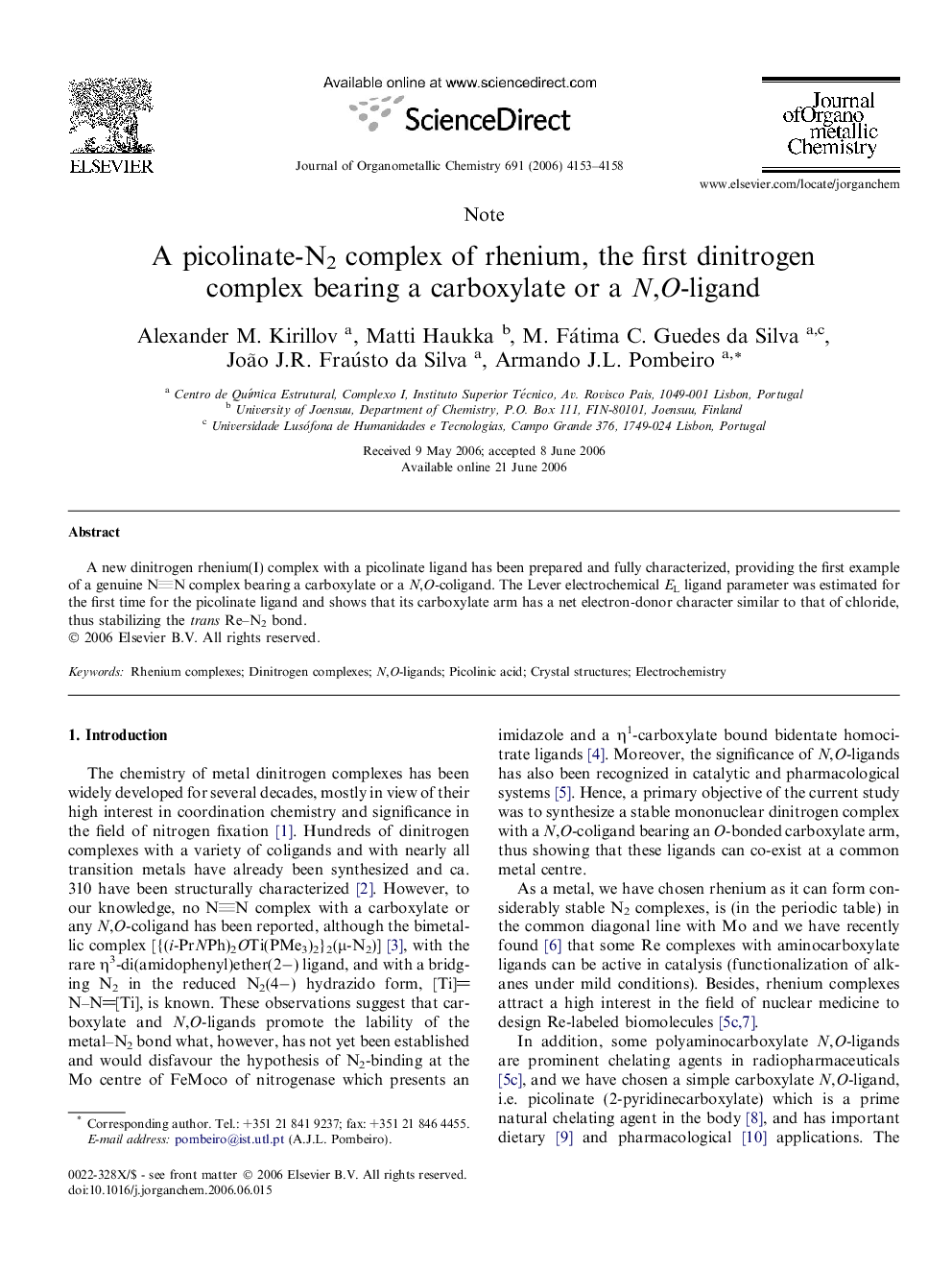 A picolinate-N2 complex of rhenium, the first dinitrogen complex bearing a carboxylate or a N,O-ligand