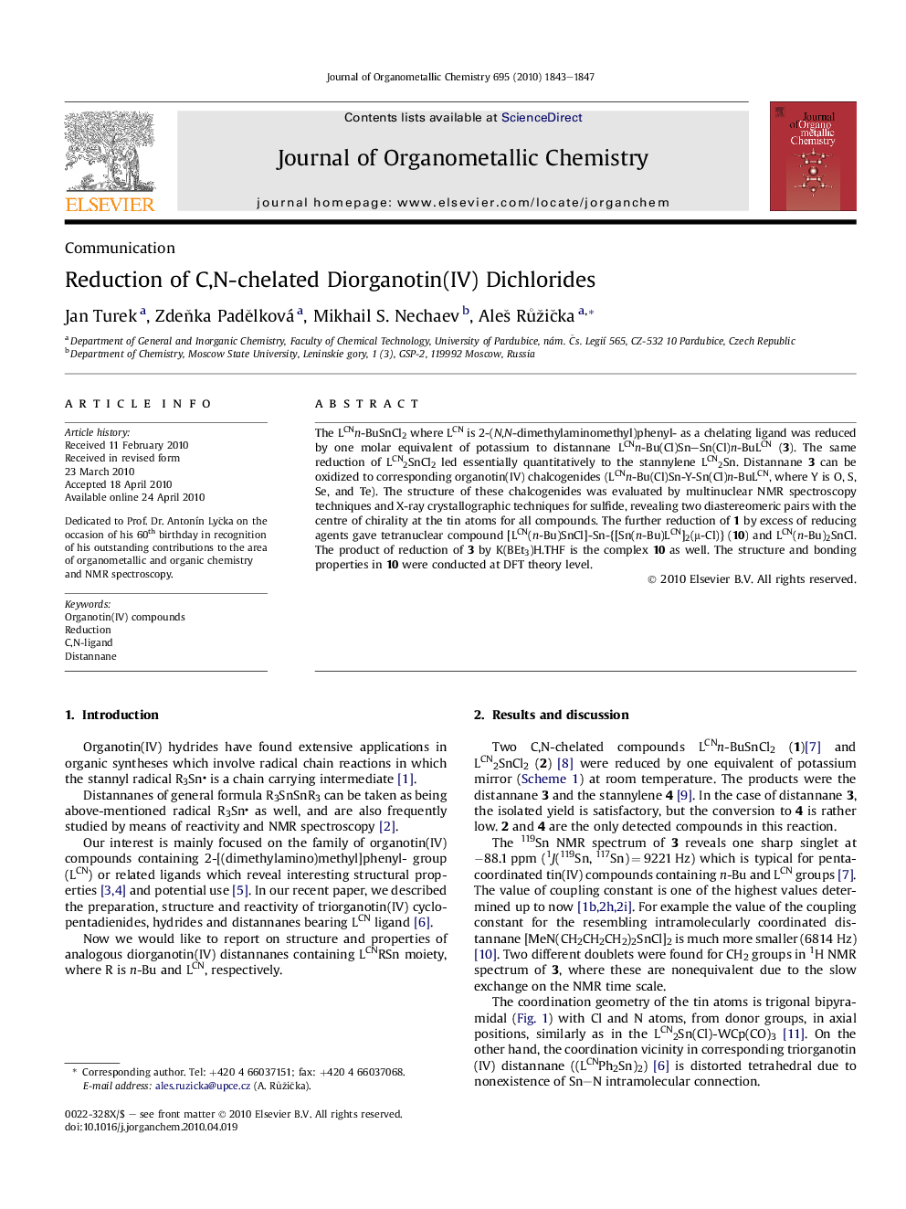 Reduction of C,N-chelated Diorganotin(IV) Dichlorides