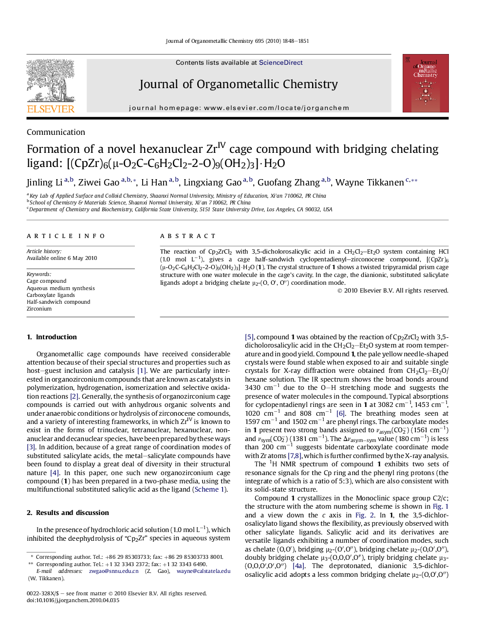 Formation of a novel hexanuclear ZrIV cage compound with bridging chelating ligand: [(CpZr)6(μ-O2C-C6H2Cl2-2-O)9(OH2)3]·H2O