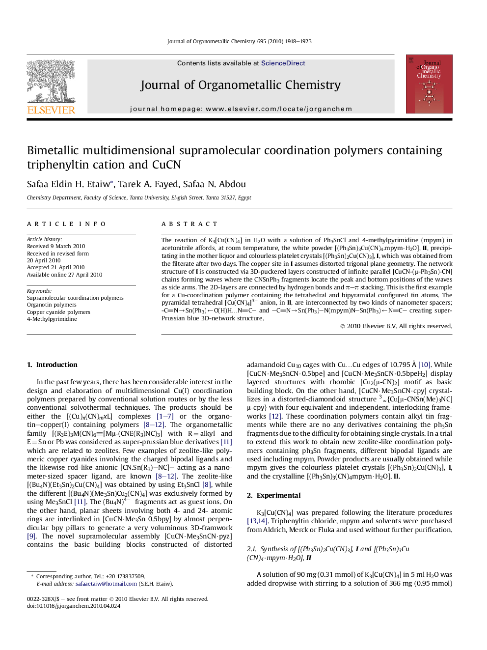 Bimetallic multidimensional supramolecular coordination polymers containing triphenyltin cation and CuCN