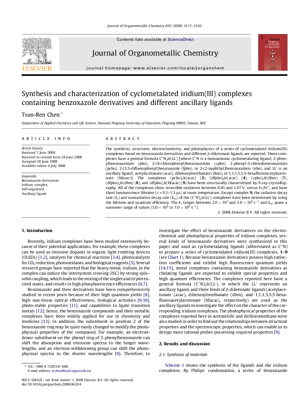 Synthesis and characterization of cyclometalated iridium(III) complexes containing benzoxazole derivatives and different ancillary ligands