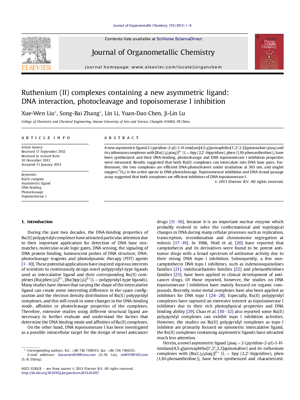 Ruthenium (II) complexes containing a new asymmetric ligand: DNA interaction, photocleavage and topoisomerase I inhibition