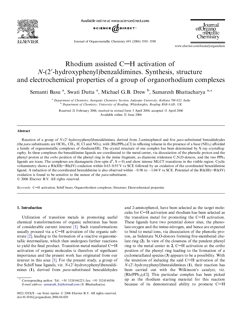 Rhodium assisted CH activation of N-(2′-hydroxyphenyl)benzaldimines. Synthesis, structure and electrochemical properties of a group of organorhodium complexes