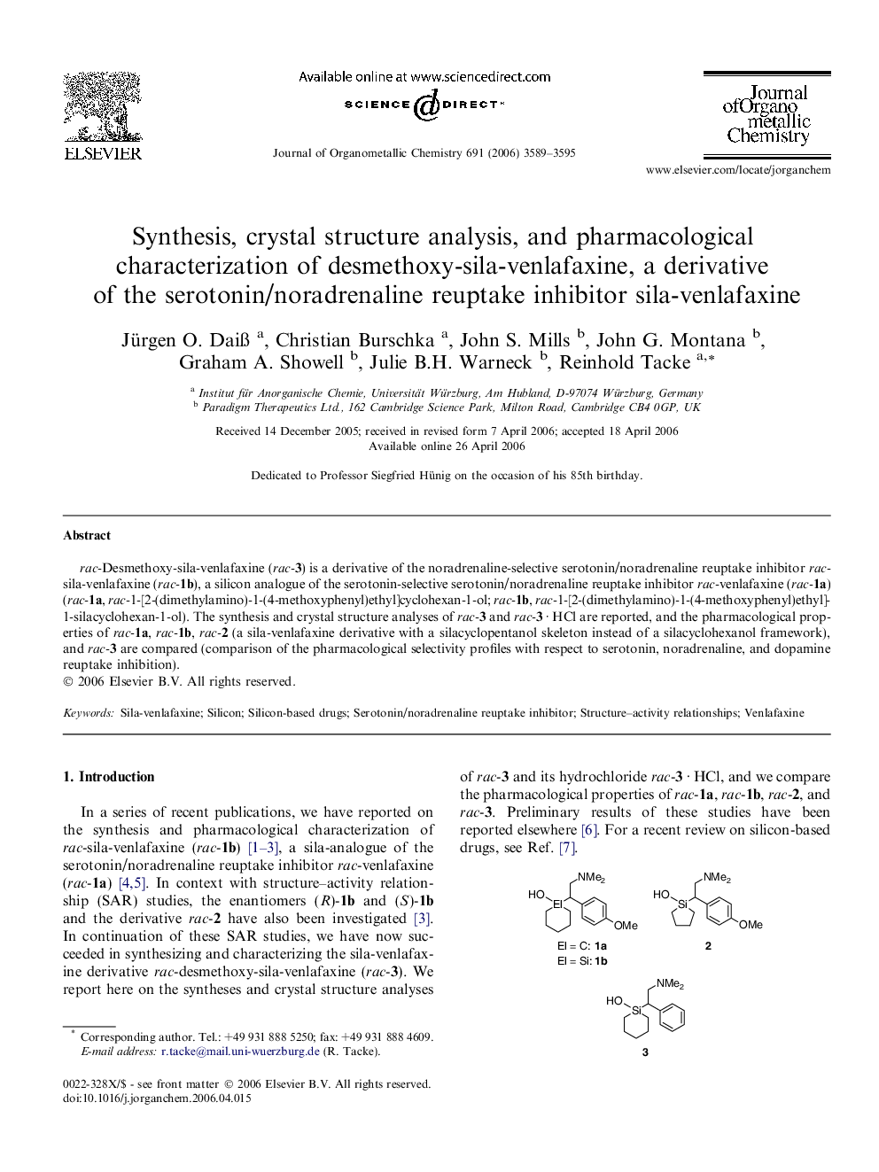 Synthesis, crystal structure analysis, and pharmacological characterization of desmethoxy-sila-venlafaxine, a derivative of the serotonin/noradrenaline reuptake inhibitor sila-venlafaxine