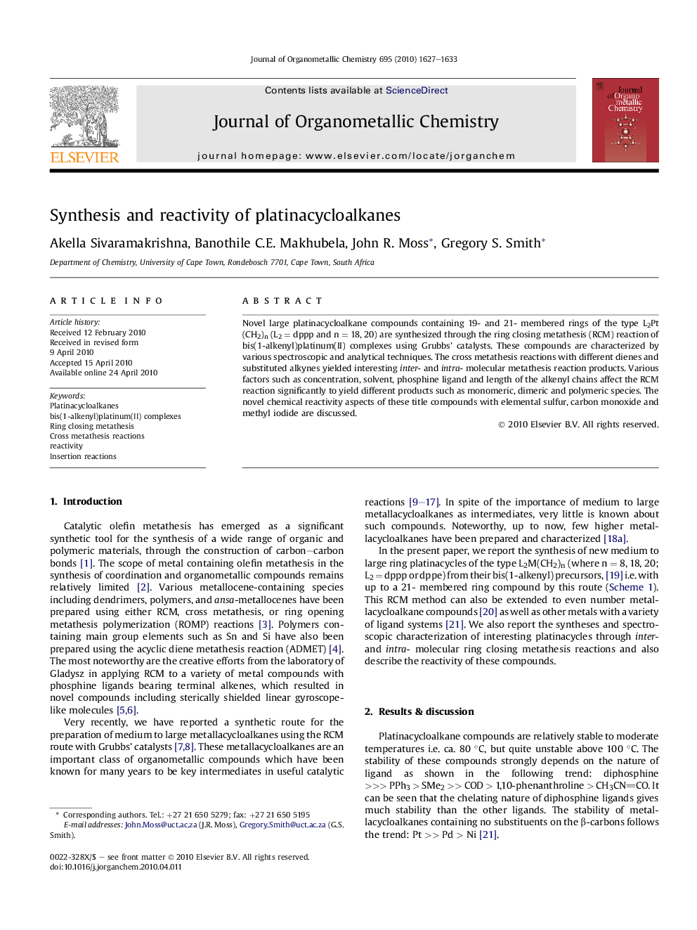 Synthesis and reactivity of platinacycloalkanes