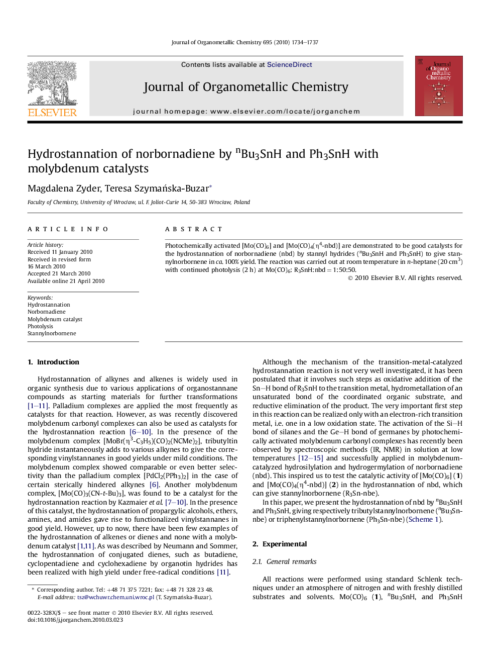 Hydrostannation of norbornadiene by nBu3SnH and Ph3SnH with molybdenum catalysts