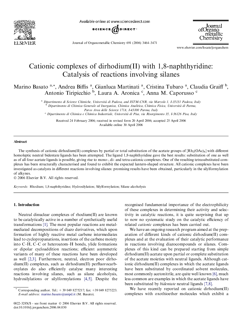 Cationic complexes of dirhodium(II) with 1,8-naphthyridine: Catalysis of reactions involving silanes