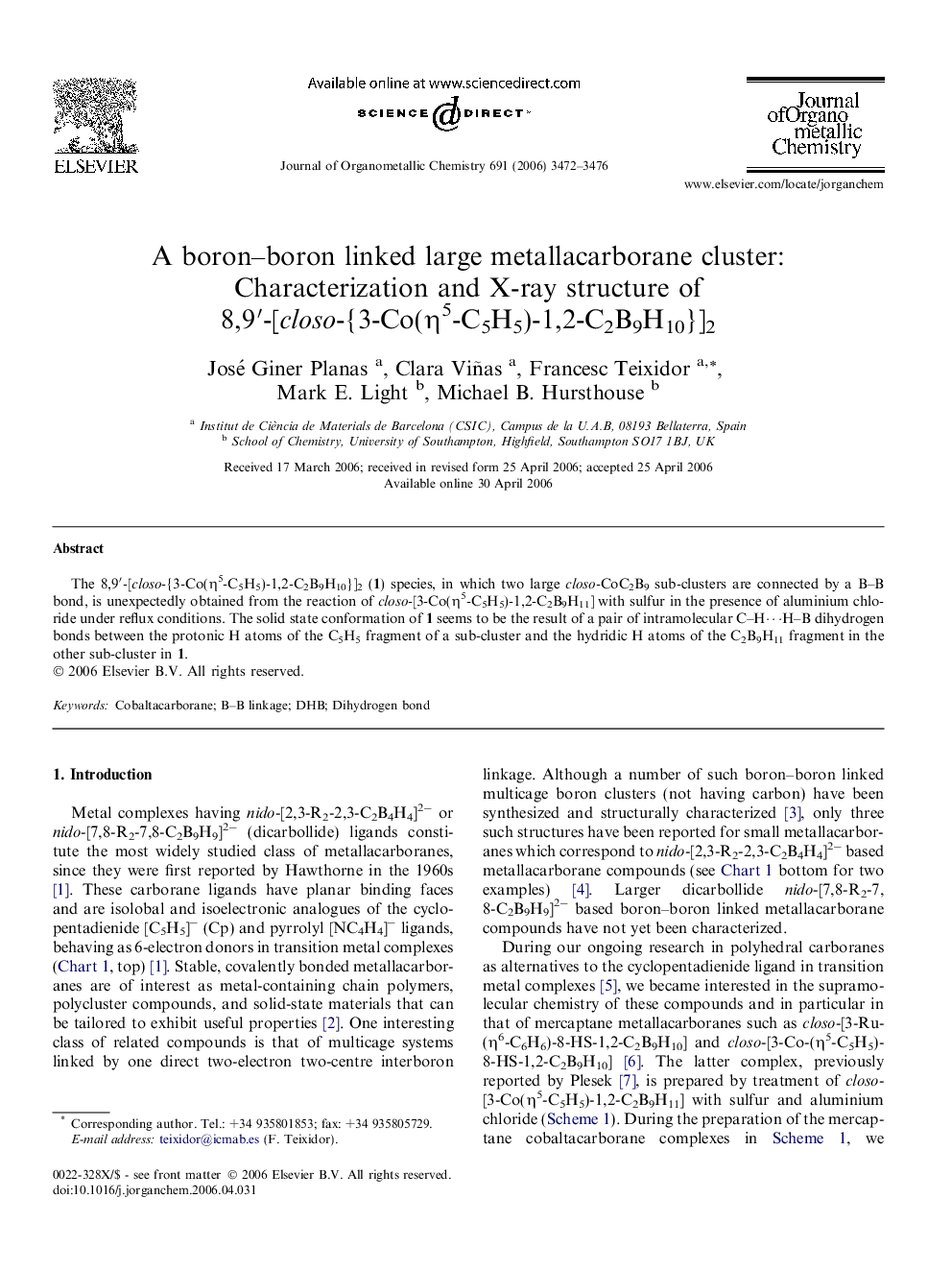 A boron–boron linked large metallacarborane cluster: Characterization and X-ray structure of 8,9′-[closo-{3-Co(η5-C5H5)-1,2-C2B9H10}]2