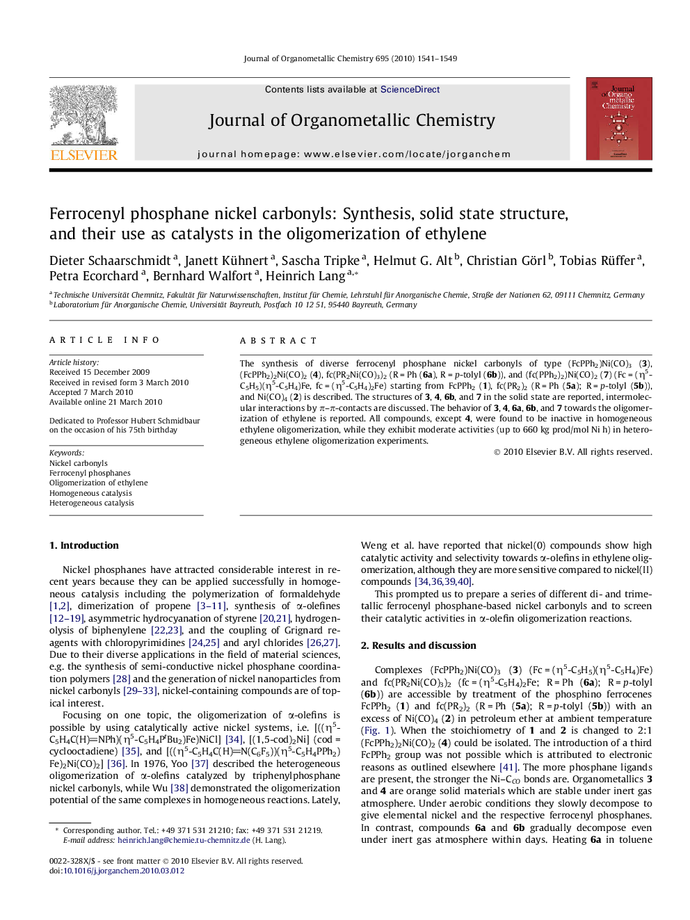 Ferrocenyl phosphane nickel carbonyls: Synthesis, solid state structure, and their use as catalysts in the oligomerization of ethylene