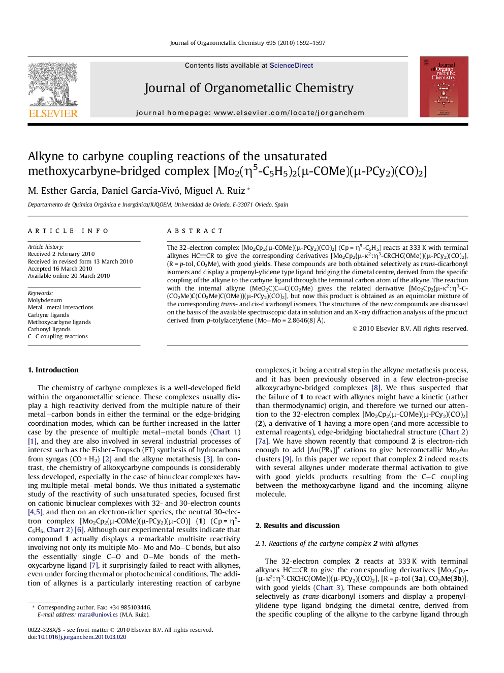 Alkyne to carbyne coupling reactions of the unsaturated methoxycarbyne-bridged complex [Mo2(Î·5-C5H5)2(Î¼-COMe)(Î¼-PCy2)(CO)2]