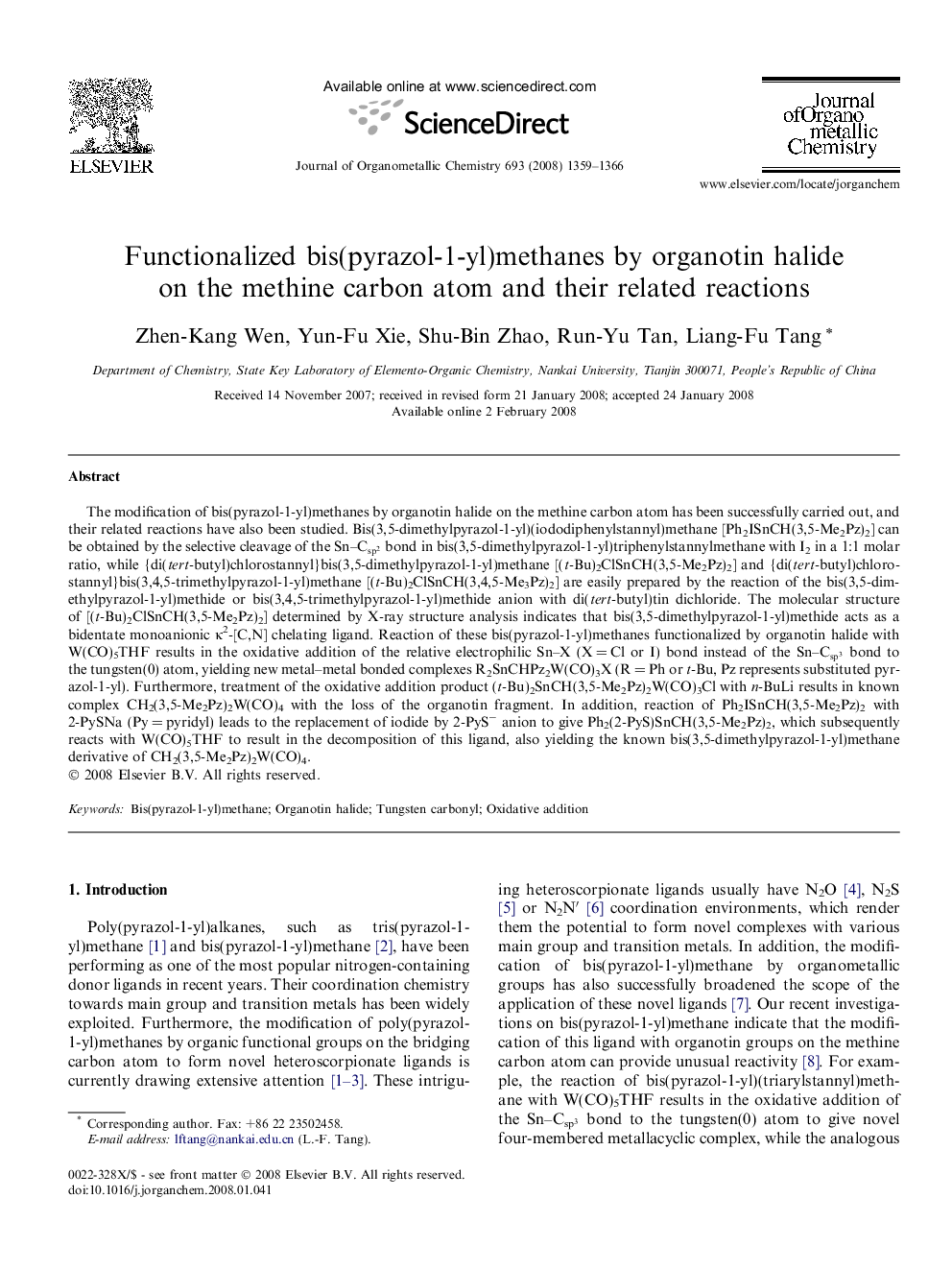 عکس صفحه اول مقاله: Functionalized bis(pyrazol-1-yl)methanes by organotin halide on the methine carbon atom and their related reactions Functionalized bis(pyrazol-1-yl)methanes by organotin halide on the methine carbon atom and their related reactions